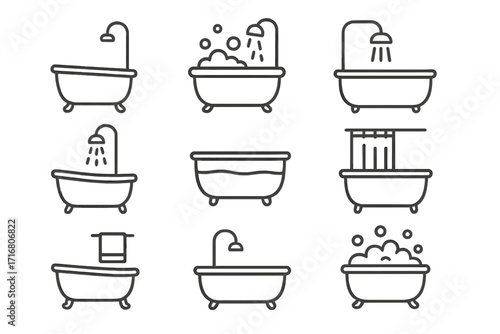 Bathtub thin line icon pack. Bathroom hygiene, cleaning symbols. Vector bath, shower, water, foam, bubbles. Editable stroke for web design, app, ui, ux. Clean, wash.