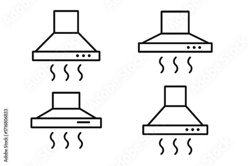 Set of linear kitchen hoods with steam icons. Cooker hood vector outline illustration. Kitchen appliance for ventilation and exhaust. Cooking concept, modern design symbol.