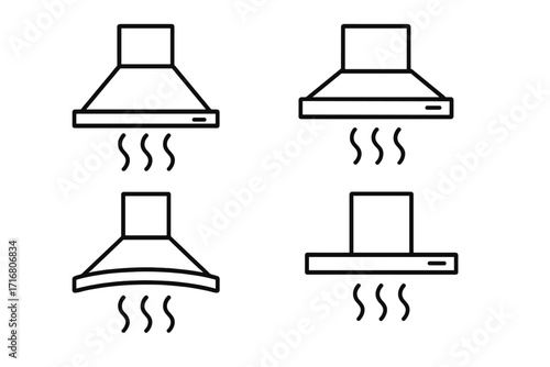 Linear kitchen hood icons set. Cooker hood, range hood, extractor fan vector symbols. Modern kitchen appliance for ventilation, smoke, and steam exhaust. Outline illustration.