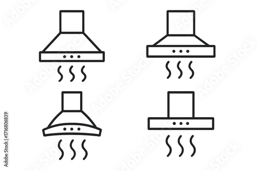 Set of kitchen hood linear icons. Cooker hood, extractor fan, vent symbol collection. Cooking appliance for ventilation, smoke and steam exhaust. Modern kitchen equipment vector.