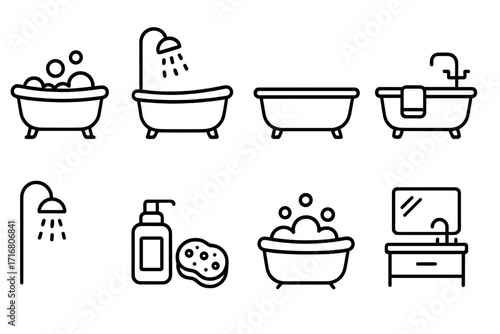 Bathtub & bathroom line icon set. Hygiene, wash, and bath symbols. Includes shower, bubbles, soap dispenser, sponge, vanity, and mirror. Editable stroke vector icons.