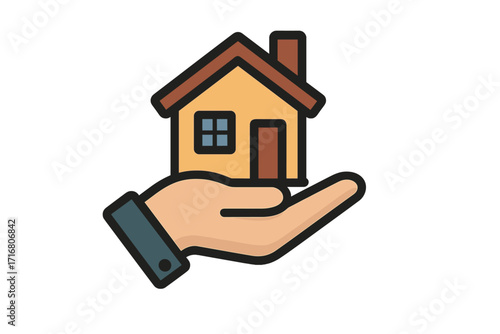 Real estate concept with hand holding a house. Property investment, mortgage, and home insurance icon. Symbol for buying, selling, or renting a home. Vector illustration.