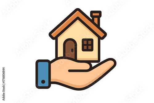 Hand holding house icon, a concept for real estate, property ownership, mortgage, or home insurance. Vector illustration for realtor, housing market, investment, and agent.