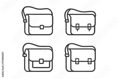 Set of linear messenger bag icons in a minimalistic style. Vector cartoon illustration of shoulder bags. Postman satchel outline symbol collection for graphic design.