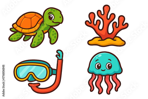 Cute sea life icon set with turtle, jellyfish, coral, and snorkel mask. Cartoon vector illustration collection for kids, summer vacation, and underwater marine adventures.