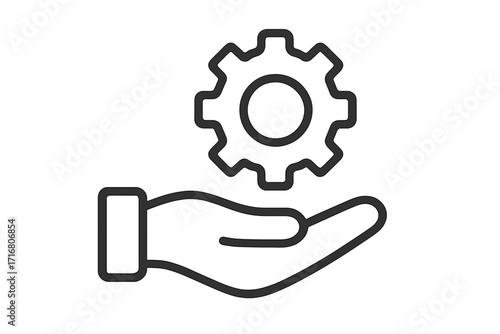 Hand holding gear line icon. Technical support, service and maintenance concept. Business technology development. Engineering, setup, configuration, implementation symbol.