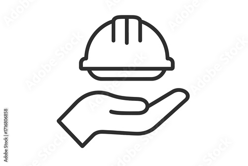 Worker safety and protection concept. Hand giving hard hat. Metaphor for insurance, support, and care in the construction industry. Labor security icon. Builder service logo.