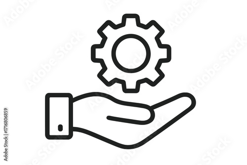Hand holding gear icon. Technical support, service and maintenance concept. Business technology solution. Development, engineering and process symbol. Configuration settings.
