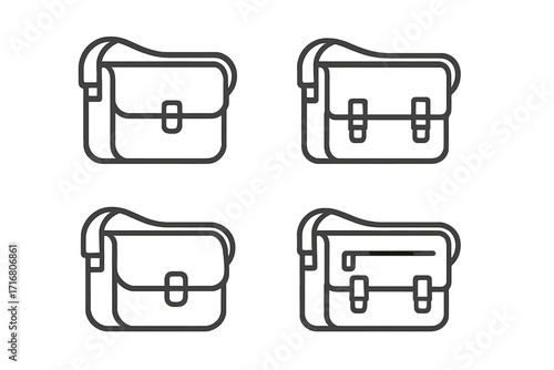 Set of linear messenger bag icons. Minimalistic style vector illustration. Shoulder bag, crossbody satchel symbol collection. Postman bag outline graphic design element set.