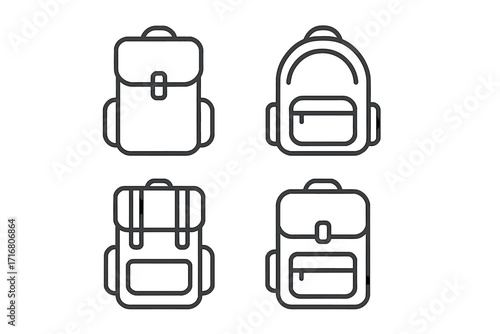 Backpack icon set line art. Minimalist rucksack symbol collection. School bag outline graphic. Travel knapsack vector illustration. Hiking baggage element. Tourism equipment design.