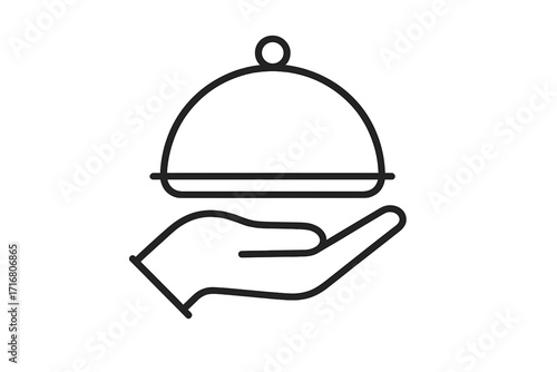 Hand serving food cloche. Restaurant service icon. Catering business symbol. Waiter with tray. Meal delivery concept. Hotel room service. Fine dining pictogram vector.