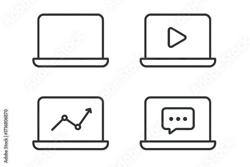 Laptop icon set in linear style. Minimalist vector symbols of computer screen with play button, growth chart, and chat bubble. For business, data analysis, video, communication.