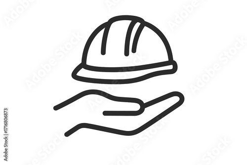 Work safety and labor protection linear icon. Hand giving builder helmet. Construction industry, engineering, contractor service and employee insurance support. Vector pictogram.