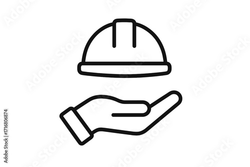 Work safety concept icon. Hand giving construction helmet. Symbol of protection, insurance, engineering service, and labor. Minimalist line art vector for web and graphic design.