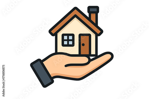 Hand holding house icon. Real estate, property, and home ownership concept. Metaphor for mortgage, insurance, or buying a new home. Vector for housing agent or broker business.