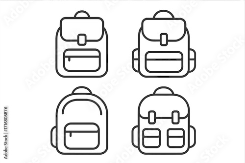 Minimalist backpack icon set. Linear style vector illustration for school, travel, and hiking. Rucksack, knapsack, and schoolbag symbols. Outline luggage pictogram collection.