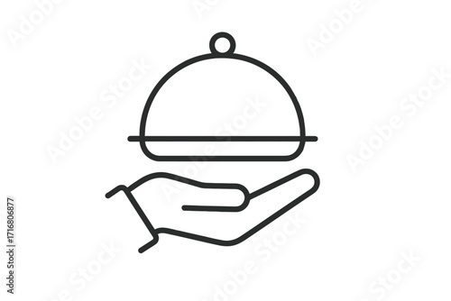Hand holding serving platter with cloche. Waiter offering food. Vector line icon for restaurant, catering, food delivery service, hotel, gourmet dining, web, app design.