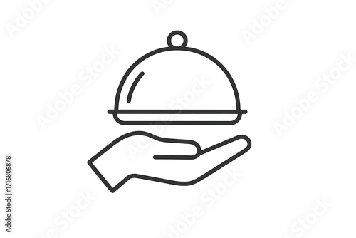 Hand holding serving tray with cloche. Food delivery service icon. Restaurant, catering, hospitality concept. Vector line art symbol for web, app, logo design.