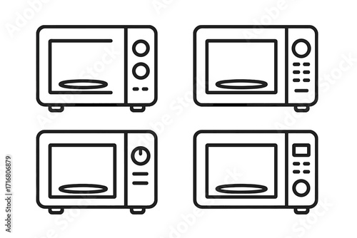 Set of minimalist microwave oven icons in a simple linear outline style. Vector collection of kitchen appliance symbols with various control panels. Modern graphic design elements.