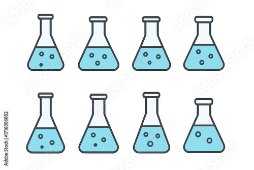 Lab flask icon set. Erlenmeyer flask with blue liquid and bubbles. Chemical laboratory glassware for science experiment and research. Chemistry symbol concept. Vector illustration.