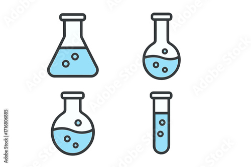 Chemistry lab icon set. Science research glassware pictogram collection. Laboratory flask, test tube with blue liquid for experiment. Minimalist line art vector illustration bundle.