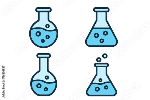 Science and chemistry lab icon set. Vector illustration of laboratory glassware, flask, beaker with chemical liquid reaction and bubbles. Research, experiment pictogram.