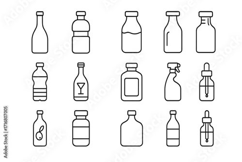 Bottle line icon set. Water, wine, milk, spray and dropper bottles. Editable stroke. Vector container symbol for liquids, drinks, medicine, cosmetics. UI UX pictogram.