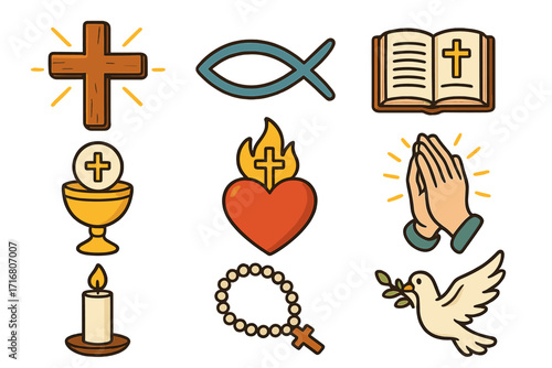 Christian religion symbols icon set. Vector cartoon illustration of faith elements like cross, Bible, dove of peace, rosary, praying hands, and Eucharist chalice.