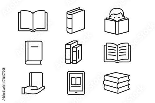 Book and reading simple line icon set. Education and literature concepts. Library, learning, bookstore, study symbols. Ebook, reader, textbook vector icons for web design.