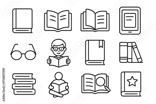 Book reading and education thin line icon set. Vector symbols for library, learning, literature, and study. Includes ebook reader, student, and research concepts.