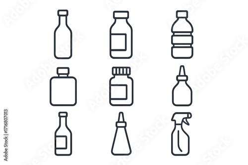 Bottle and container icon set. Vector thin line art symbols for packaging. Plastic, glass, medicine, food, and drink containers. Editable stroke illustration for web and apps.