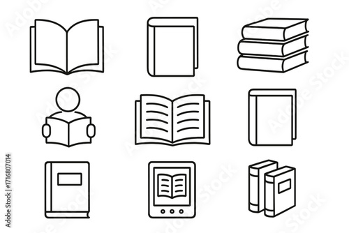 Book reading thin line icon set. Education, library, and learning symbols. Vector outline icons like e-book, reader, and book stack for web and apps. Editable stroke.