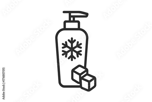 Cooling conditioner icon with snowflake and ice. Winter hair care cosmetic product. Cold therapy beauty lotion or soap in a dispenser bottle. Vector outline illustration.