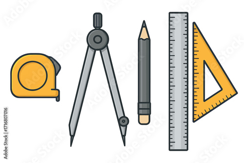Engineering and architecture tools for precise measurement. Technical drawing equipment with compass, ruler, pencil, tape measure. Geometry and math project vector cartoon set.