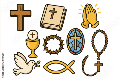 Christianity symbols set. Cross, bible, praying hands, Eucharist, crown of thorns, rosary, dove, fish. Religious Catholic icon collection for faith and spiritual expression.