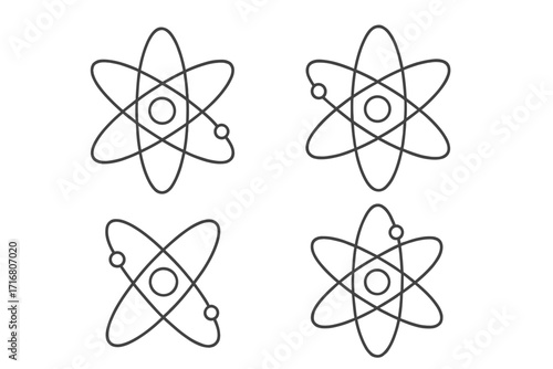 Atom icon set science symbol. Simple line art collection of physics and chemistry elements. Nuclear energy, electron orbit, and particle structure vector illustration for web.