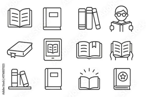 Book reading line icon set. Education and learning thin outline icons. Library, bookstore, ebook reader, literature symbol collection. Editable stroke vector illustration.