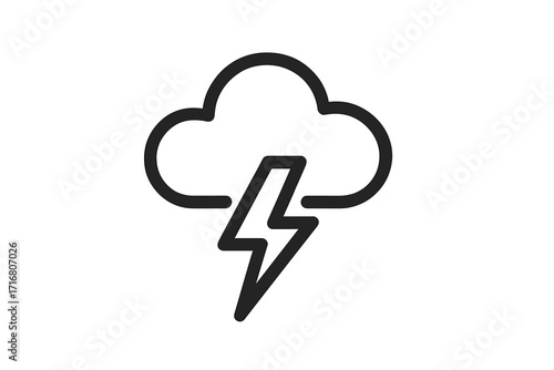Thunderstorm thin line icon. Lightning bolt under cloud symbol. Weather forecast simple outline pictogram. Stormy weather concept. Electric power, energy, danger sign. Vector.
