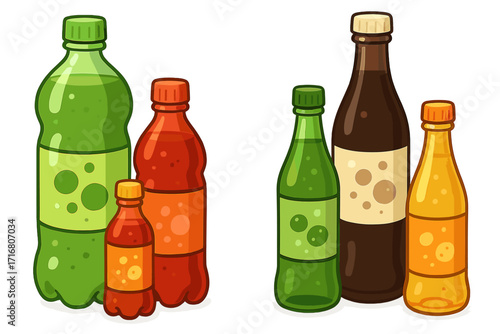 Soda bottle variety pack vector illustration. Set of plastic and glass bottles with sparkling carbonated beverages. Pop, soft drink, and refreshment concept cartoon design.