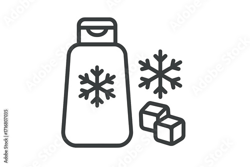 Cooling conditioner or shampoo bottle with ice cubes and snowflakes. Winter hair care cosmetic product icon. Fresh menthol effect concept. Outline vector illustration.