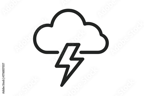 Thunderstorm icon with lightning bolt and cloud. Weather forecast symbol. Simple line art for web design, apps. Concept of storm, power, electricity, and danger. Vector.