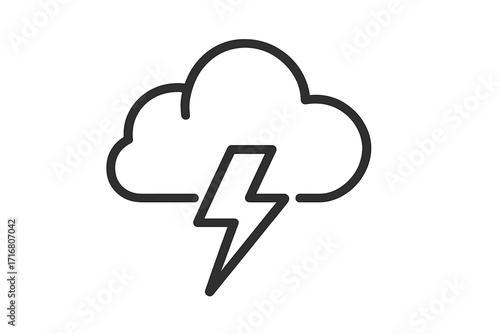 Weather forecast icon with cloud and lightning bolt symbol. Thunderstorm, storm and electricity concept. Simple outline vector for app, web, or logo design. Power, energy, danger.