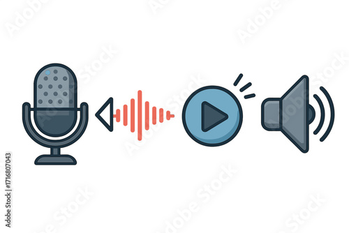 Audio recording and playback process vector icon set. Microphone, sound wave, play button, and speaker illustration. Concept for podcasting, voice messaging, and media.