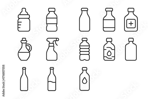 Bottle line icon set. Various liquid containers, plastic and glass. Water, milk, wine, baby bottle, medicine, oil, spray. Vector outline illustration, editable stroke. Symbol pack.