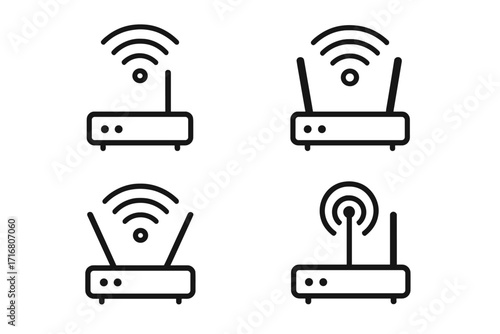 Wi-fi router icon set. Simple linear designs for technology and connectivity. Vector line art illustration. Wireless network modem and signal symbols. Internet connection graphic.