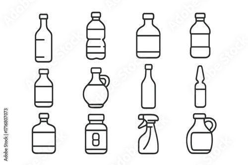 Versatile bottle and container thin line icon set. Editable stroke vector symbols for apps and web. Pack includes plastic water, glass, medical ampoule, pill, spray bottle, and jug icons.