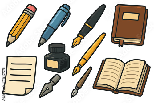 Writing tools and literary artifacts set. Vector cartoon icons of pen, pencil, book, ink, paper. Classic stationery for creative expression, education, office, journaling.