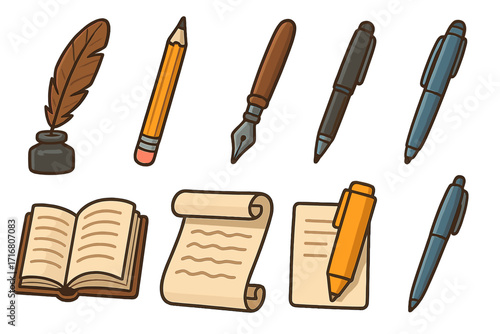 Writing tools vector icon set. Cartoon illustration of classic and modern literary artifacts for creative expression. Pen, pencil, quill, inkwell, book, scroll, paper. Education, author.