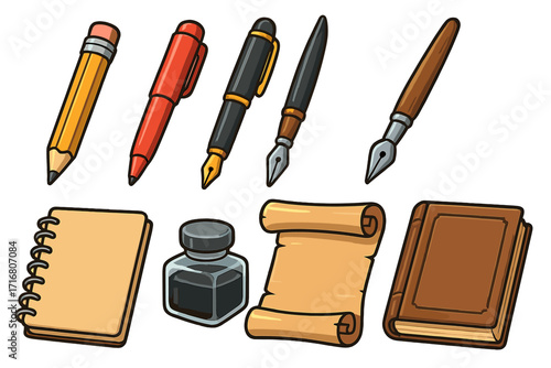 Writing tools vector set. Cartoon illustration of classic literary items. Pen, pencil, fountain pen, inkwell, notebook, book and parchment scroll. Stationery supplies.