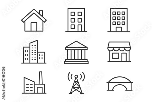 Building line icon set for web and apps. Real estate, architecture, and city construction symbols. House, office, bank, factory, and bridge outline vector icons. Urban infrastructure graphic elements.